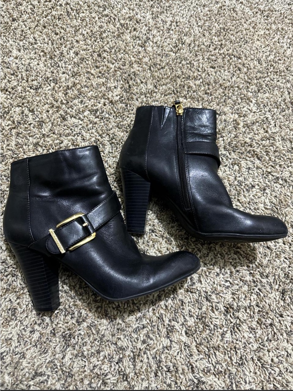 Dana Buchman Black Leather Ankle Booties with Gold Buckle